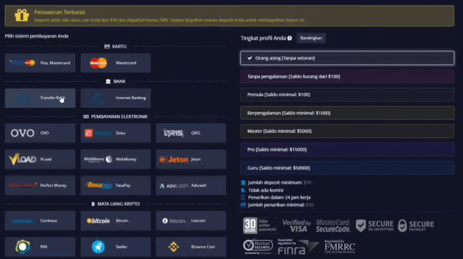 Deposit Money in Pocket Option via Bank Cards (Visa / Mastercard), Bank Transfer, E-payments (OVO, Doku, QRIS, VLoad, WebMoney, Jeton, Perfect Money, FasaPay, Advcash) and Cryptocurrency in Indonesia Deposit Money in Pocket Option via Bank Cards (Visa / Mastercard), Bank Transfer, E-payments (OVO, Doku, QRIS, VLoad, WebMoney, Jeton, Perfect Money, FasaPay, Advcash) and Cryptocurrency in Indonesia